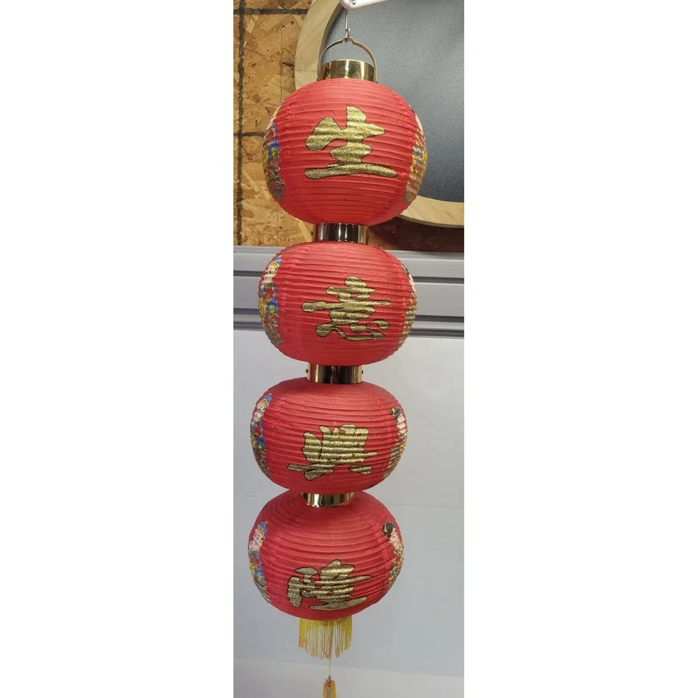 Traditional Chinese‎ Red 4 Tier Paper Lanterns Gold Calligraphy Tassel 36x8x8